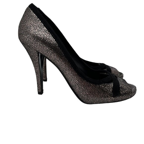 BCBG Generations Womens Shoe 8 1/2 B Pump Open Toe Velvet Trim Metallic Pewter - Picture 2 of 12